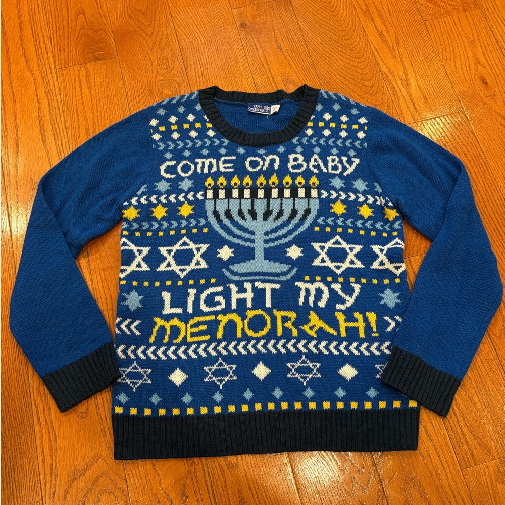 UNISEX Hanukkah Ugly Sweater “Come On Baby Light My Menorah” Blue Knit – Size M